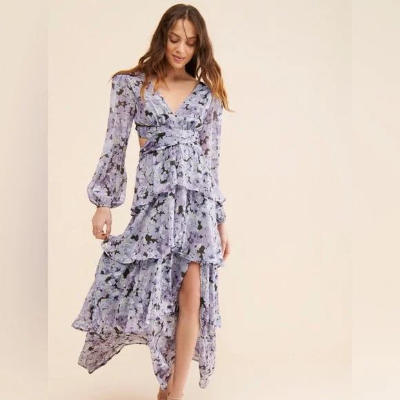 ASTR THE LABEL Anora Maxi Dress in Black & Purple Floral, size sm, 3 tiers - Picture 9 of 9